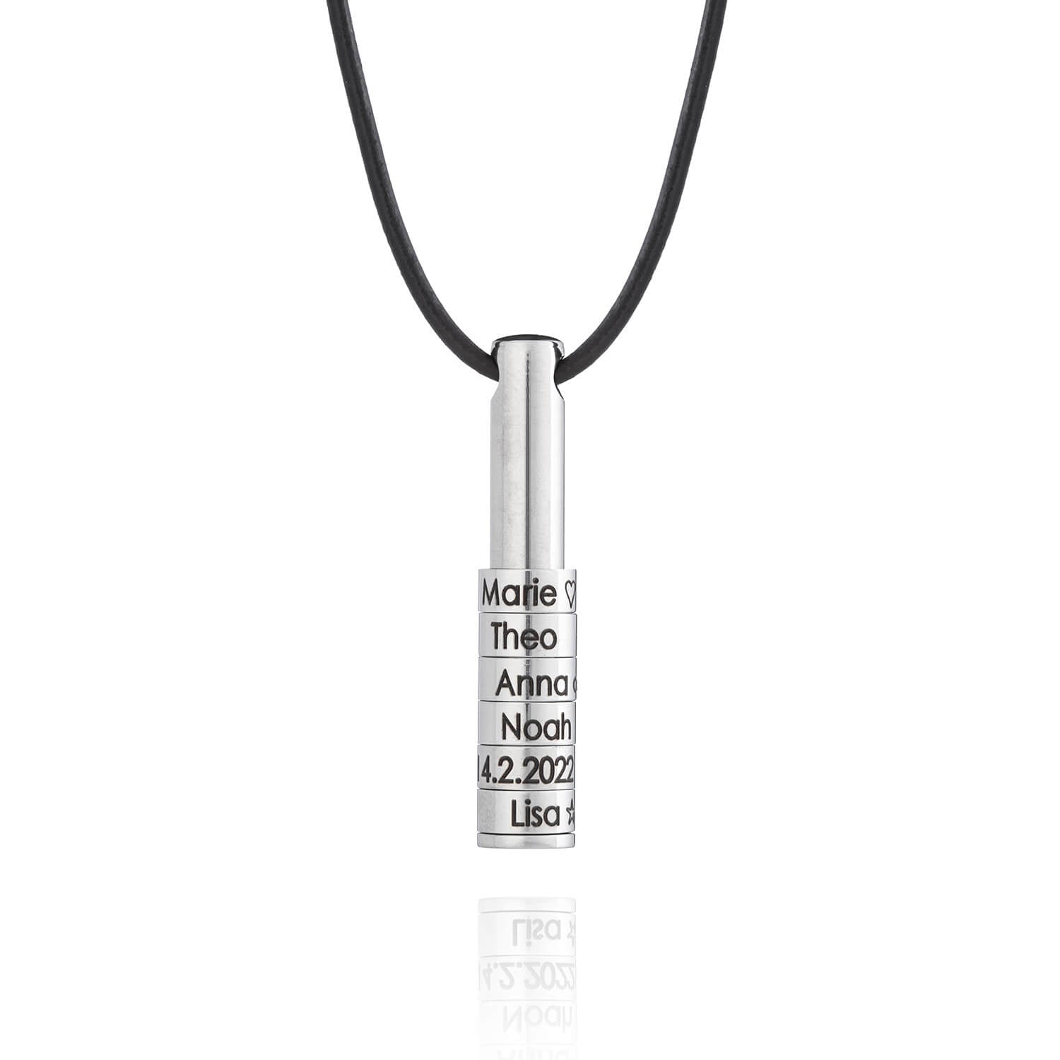 Column necklace with engraved name rings